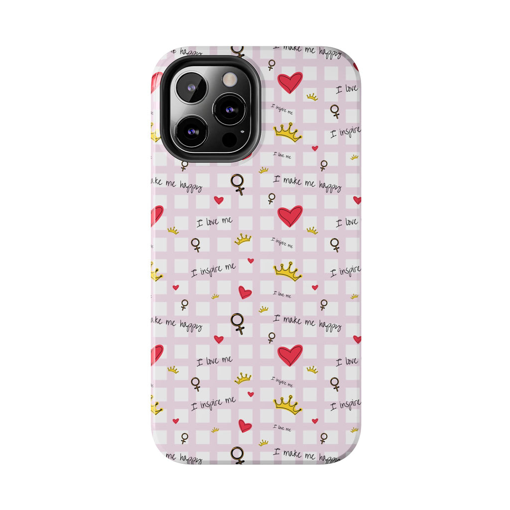 Cozy Hearts & Crowns Phone Case, Heart Design Protective Phone Cover, Crown Pattern Tough Case, Girly Phone Accessories, Valentine's Day