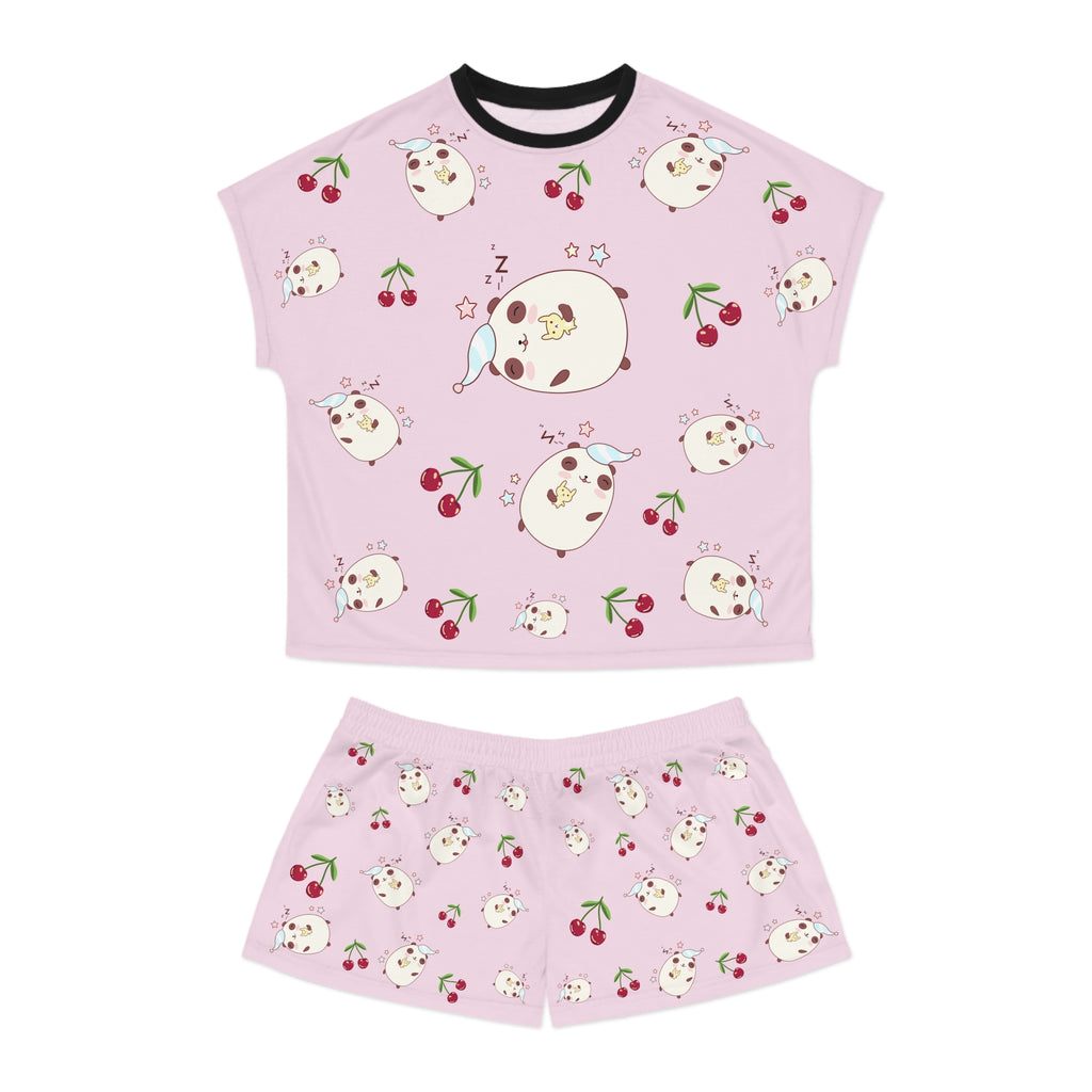 Kawaii Sleeping Bears with Cherries Pink Women's Short Pajama Set