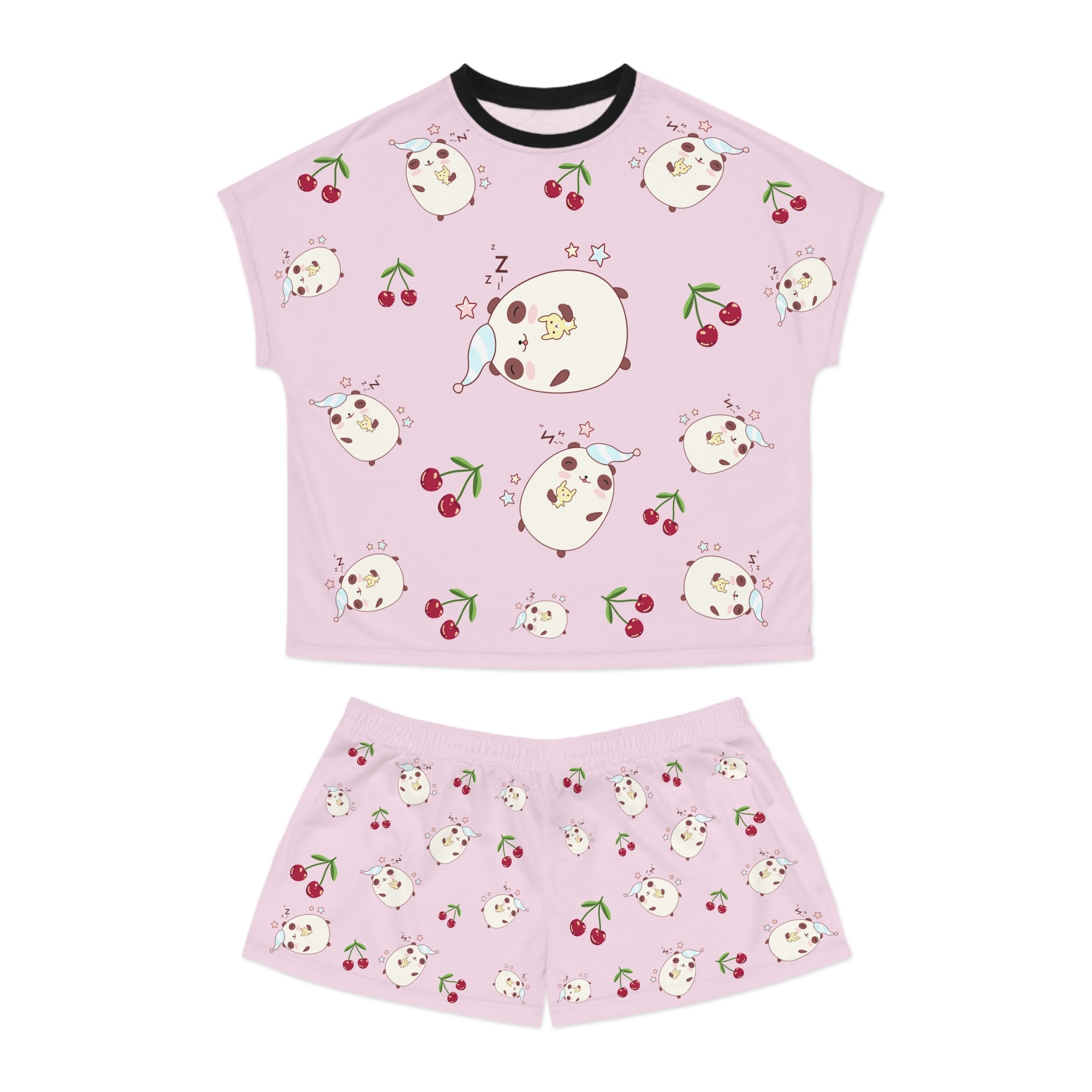 Kawaii Sleeping Bears with Cherries Pink Women's Short Pajama Set