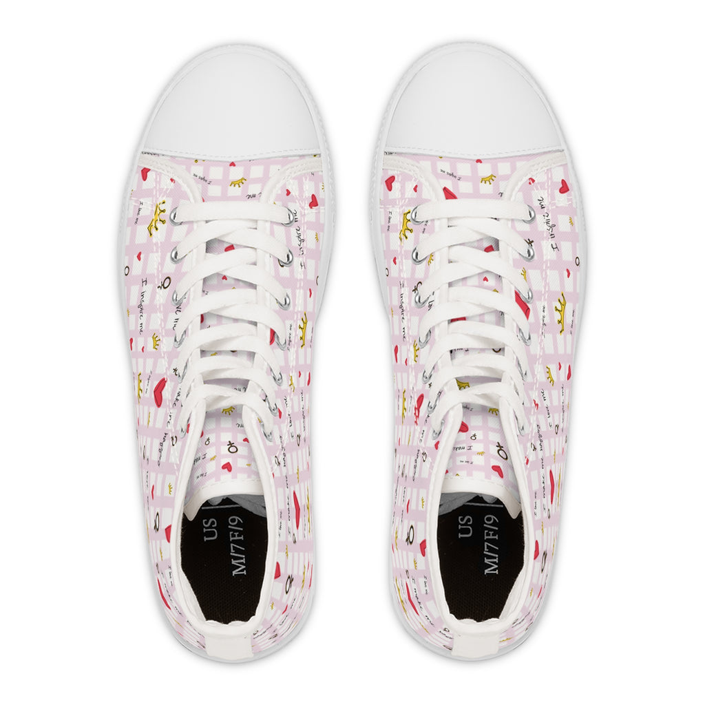 Cozy Hearts & Crowns High Top Sneakers for Women - Cute Heart Patterned Sneaker Shoes, Comfy Crown Design, Best Gift for Her, Trendy Casual