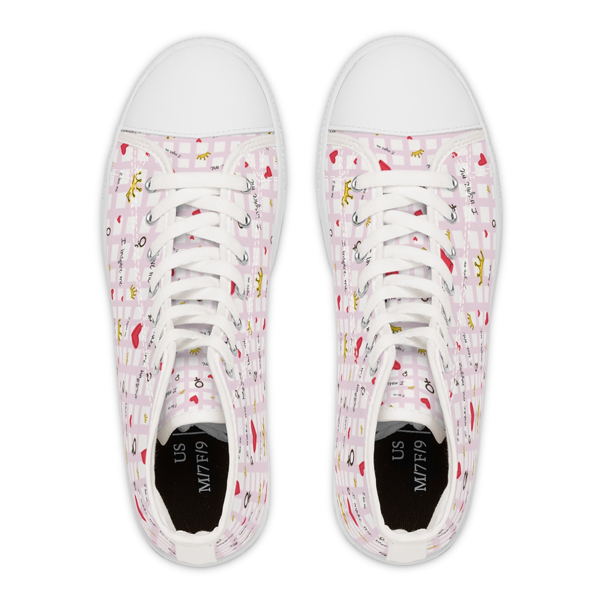 Cozy Hearts & Crowns High Top Sneakers for Women - Cute Heart Patterned Sneaker Shoes, Comfy Crown Design, Best Gift for Her, Trendy Casual