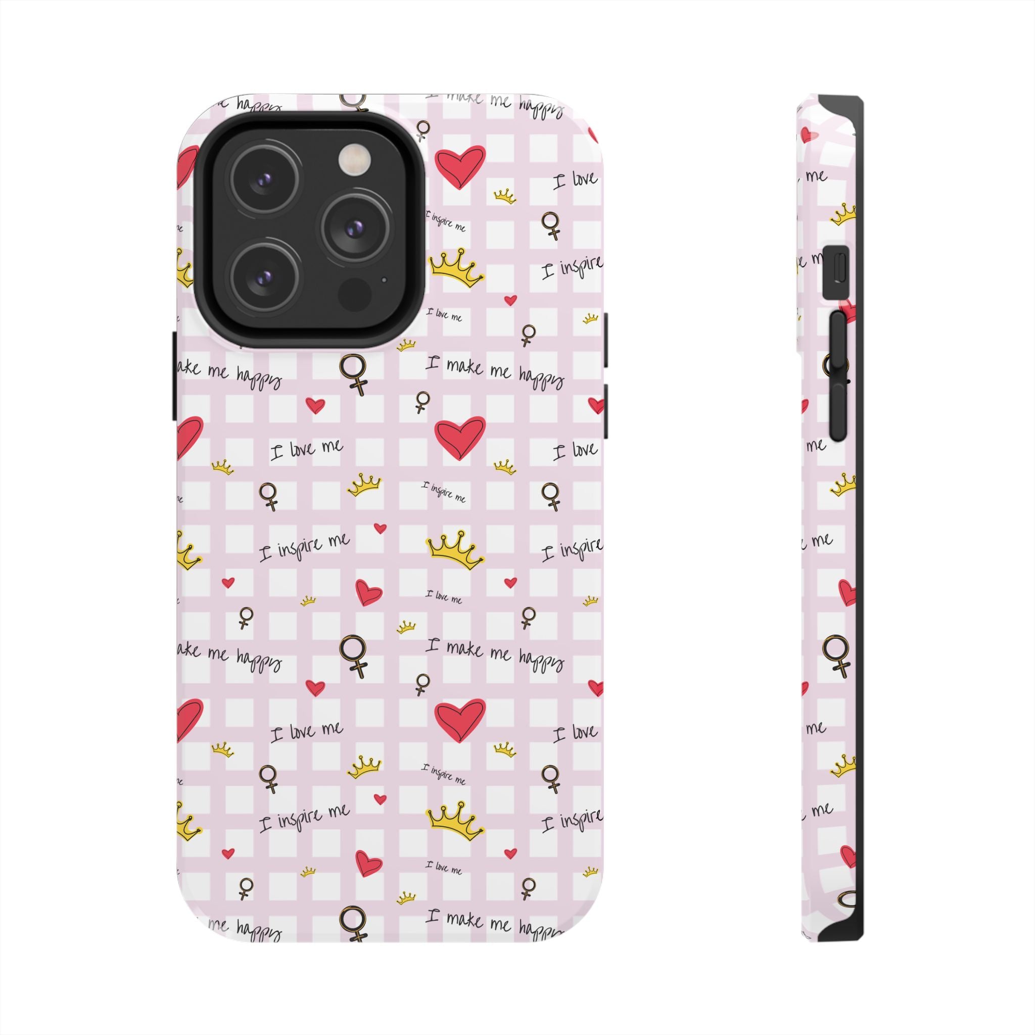 Cozy Hearts & Crowns Phone Case, Heart Design Protective Phone Cover, Crown Pattern Tough Case, Girly Phone Accessories, Valentine's Day