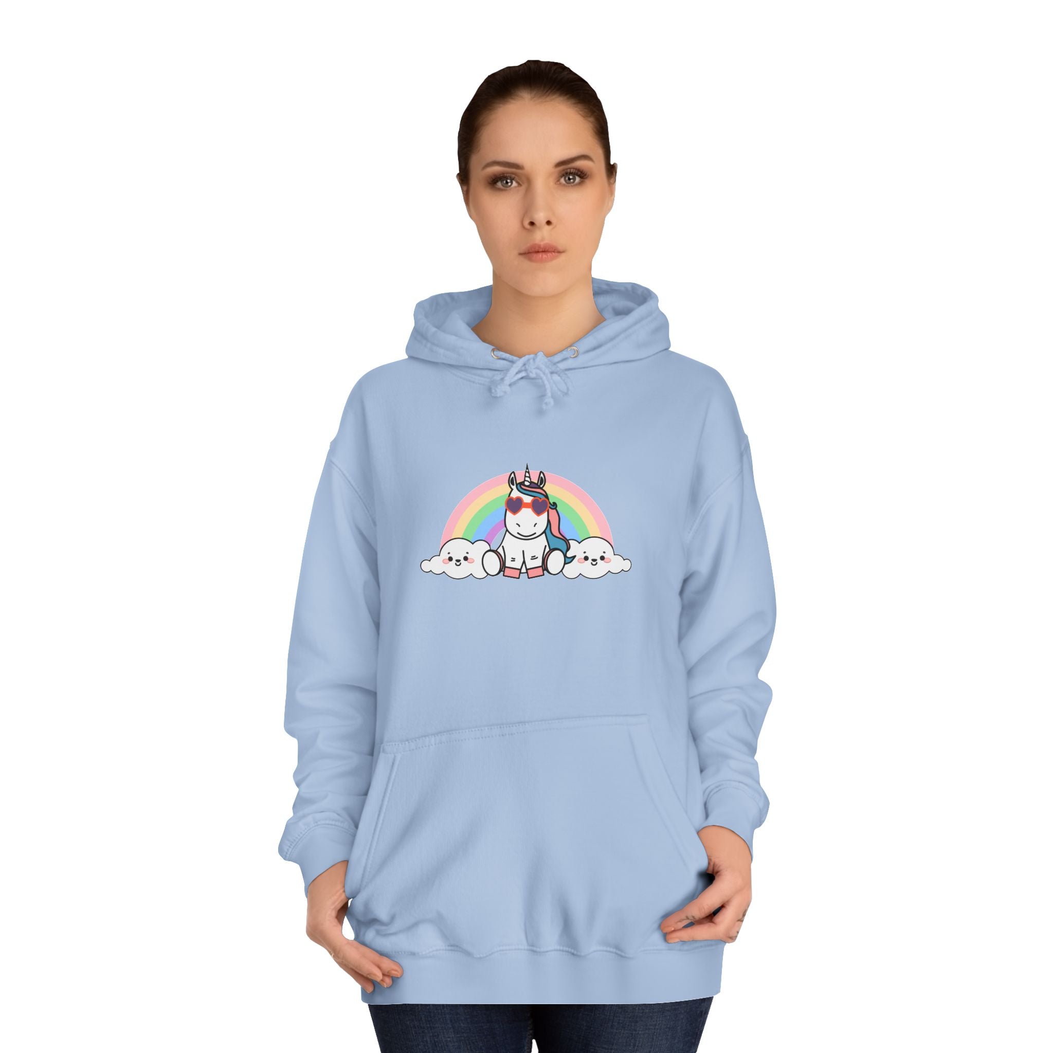 Kawaii Unicorn with Rainbow Hoodie, Cute Rainbow Unicorn Sweatshirt, Magical Unicorn College Jacket, Colorful Unicorn Hoody, Fantasy Hooded