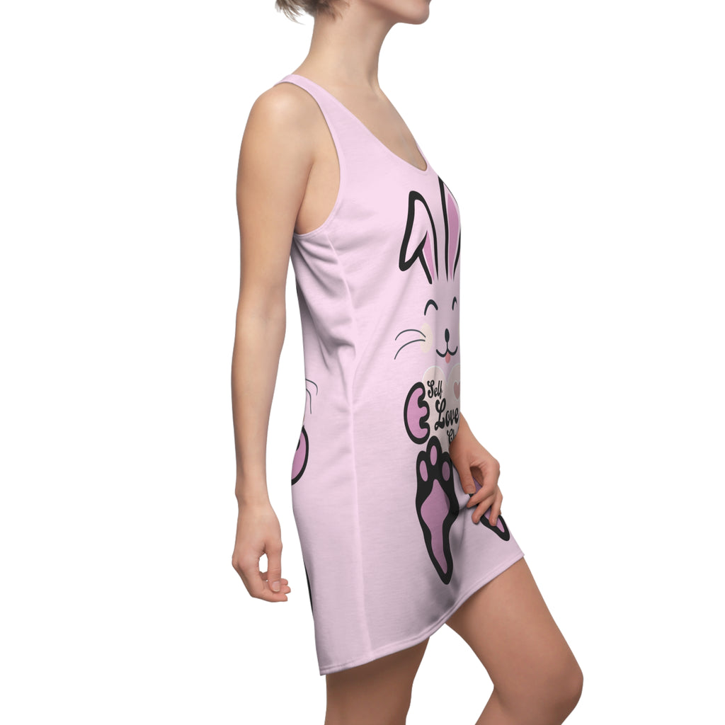 Kawaii Rabbit Face Dress, Self Love Club Racerback Dress, Cute Bunny Sleeveless Dress, Women's Spring Fashion, Pastel Pink A-Line Dress