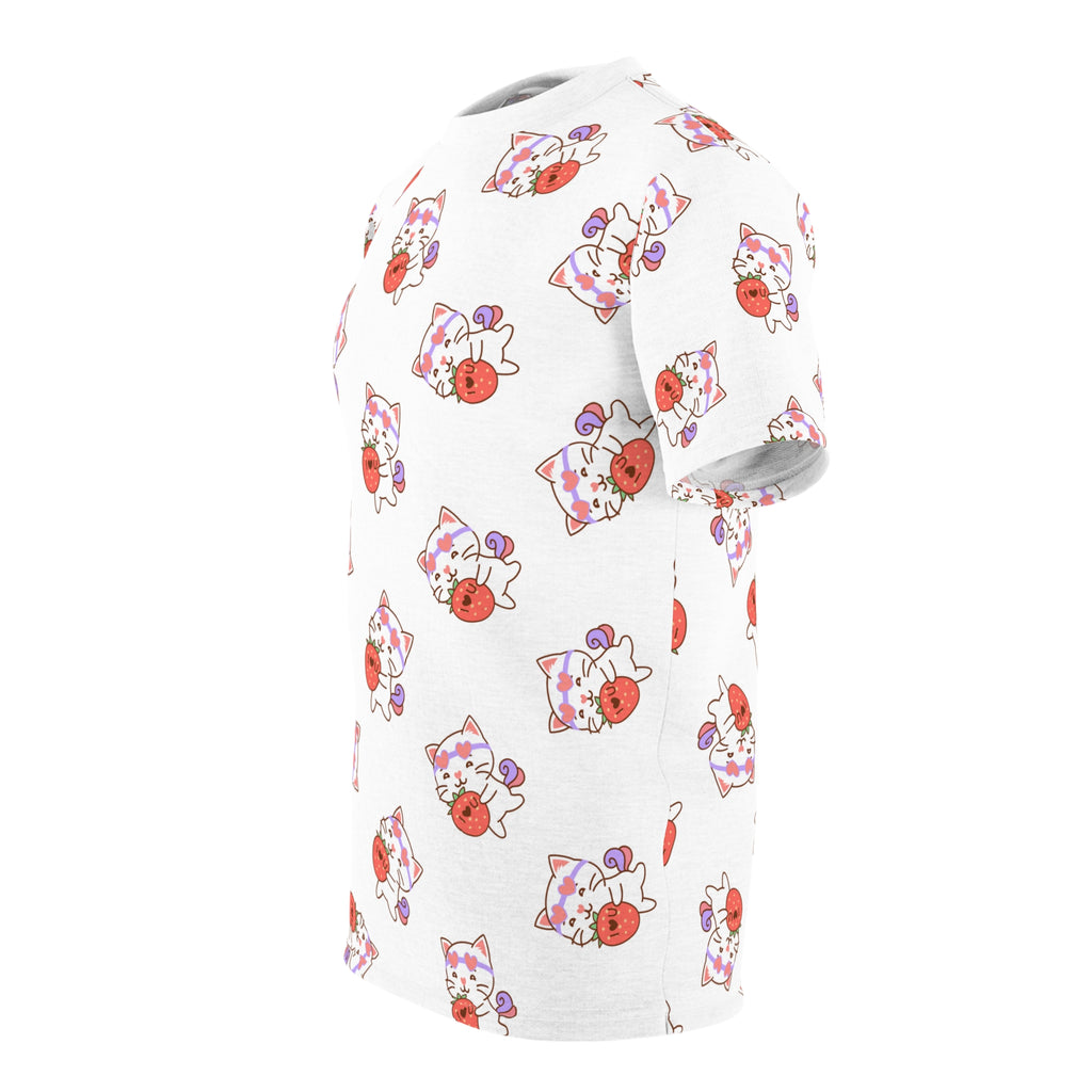 Cute Cat with Strawberry I Love you T-Shirt, Funny Cat Lover Tee, Graphic Cat Shirt, Kawaii Kitty Top, Cat and Fruit Design