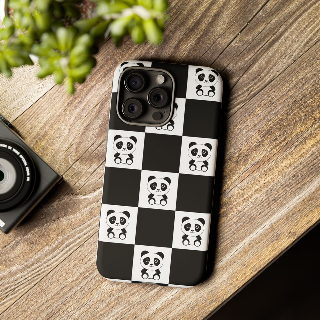 Panda Chessboard Tough Cases, Cute Panda Phone Covers, Chess Pattern iPhone Case, Board Games Phone Accessories, Animal Lover Tech