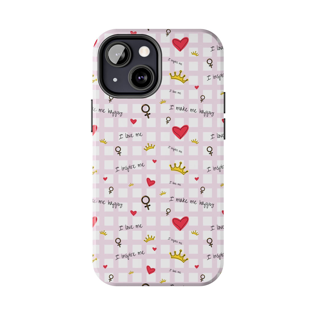 Cozy Hearts & Crowns Phone Case, Heart Design Protective Phone Cover, Crown Pattern Tough Case, Girly Phone Accessories, Valentine's Day