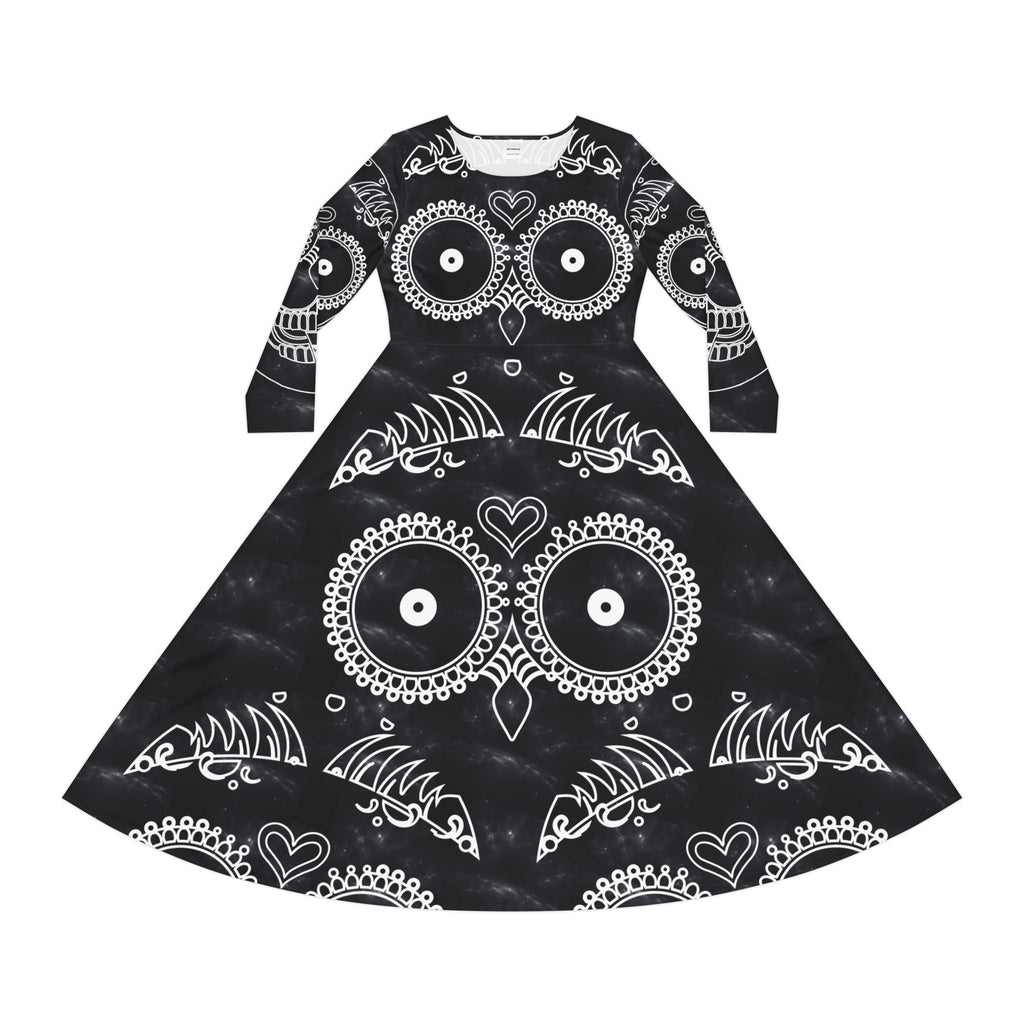 Skulls Dance Dress, Gothic Bones Costume, Halloween Long Sleeve Dress, Spooky Skulls Party Attire, Women's Dancing Outfit