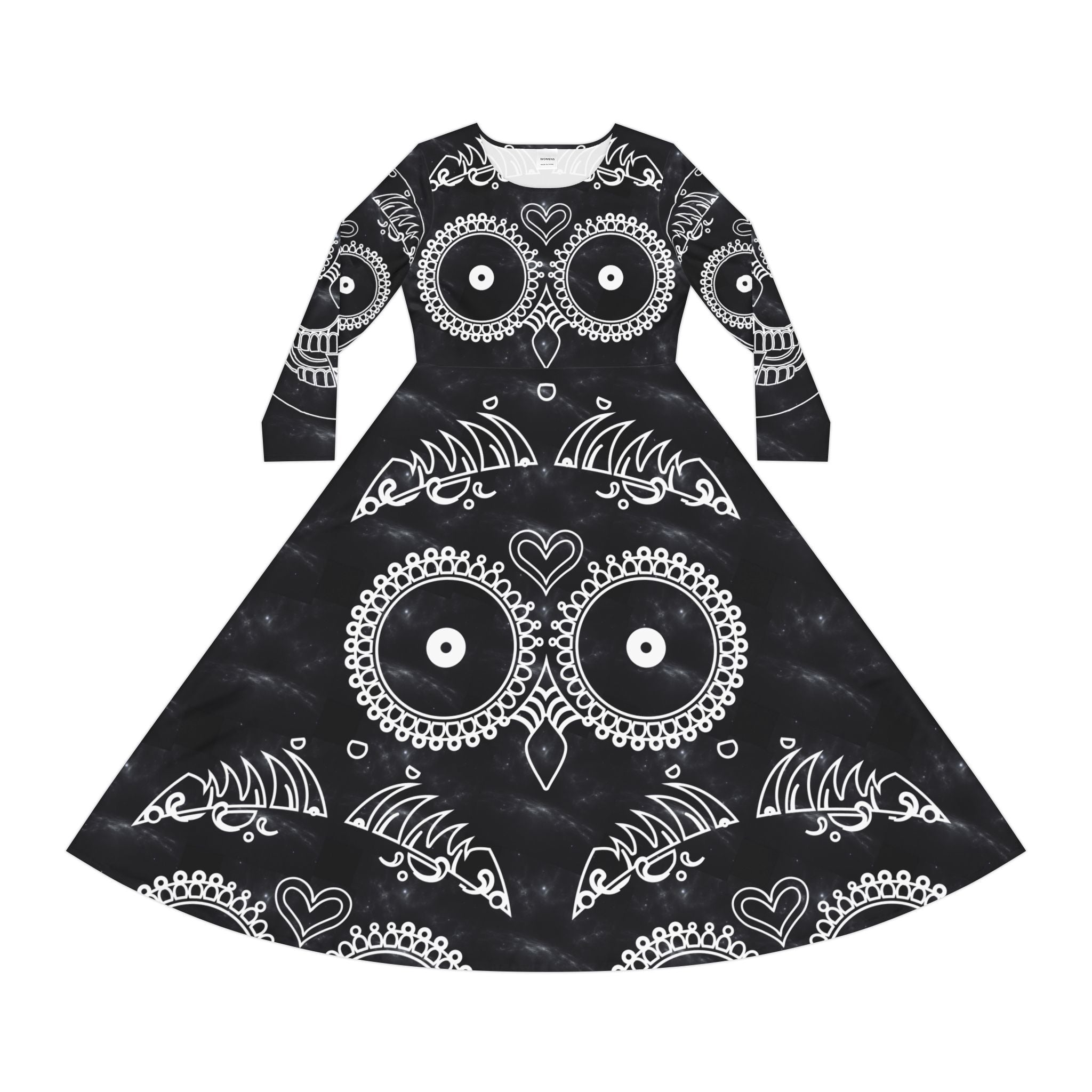 Skulls Dance Dress, Gothic Bones Costume, Halloween Long Sleeve Dress, Spooky Skulls Party Attire, Women's Dancing Outfit