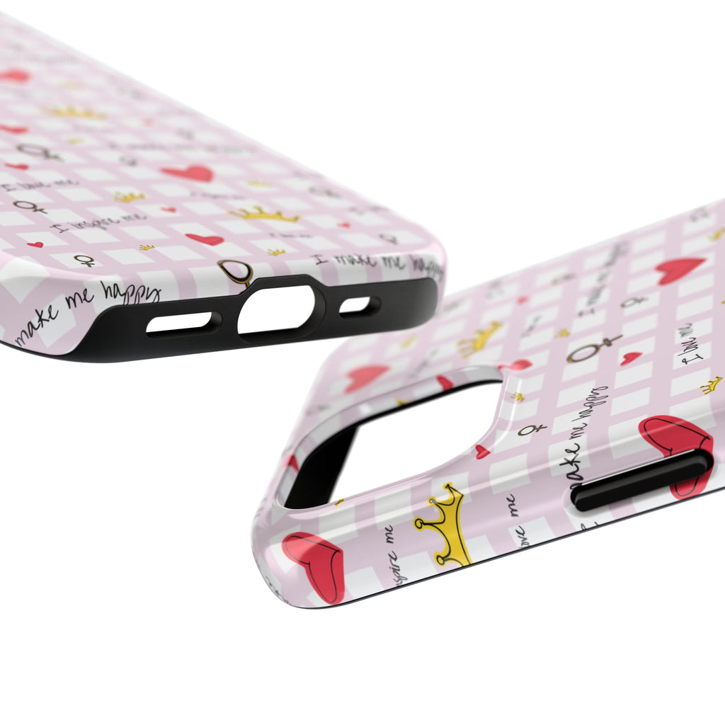Cozy Hearts & Crowns Phone Case, Heart Design Protective Phone Cover, Crown Pattern Tough Case, Girly Phone Accessories, Valentine's Day