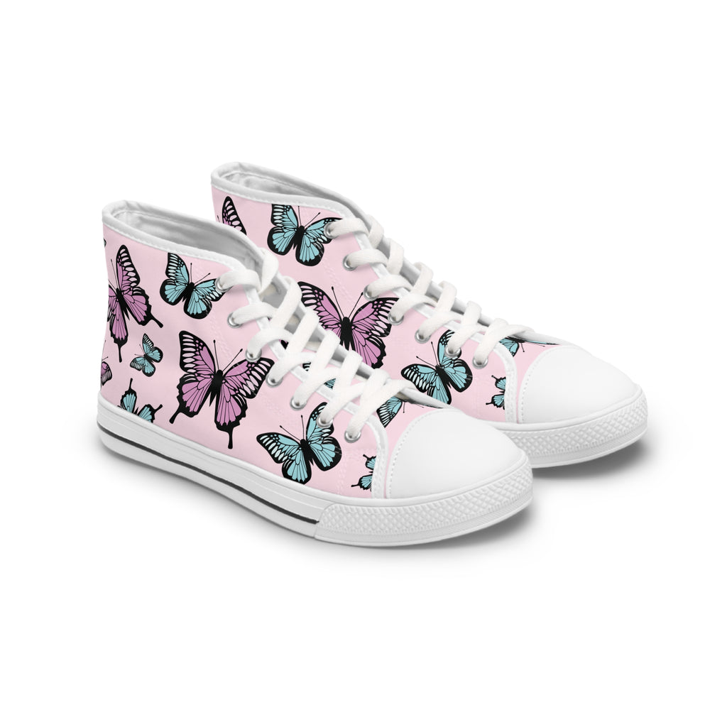 Light Pink Butterfly Pattern High Top Sneakers - Women's Fashion Shoes, Cute Pink Sneaker Boots, Butterfly Print Sneaker Shoes