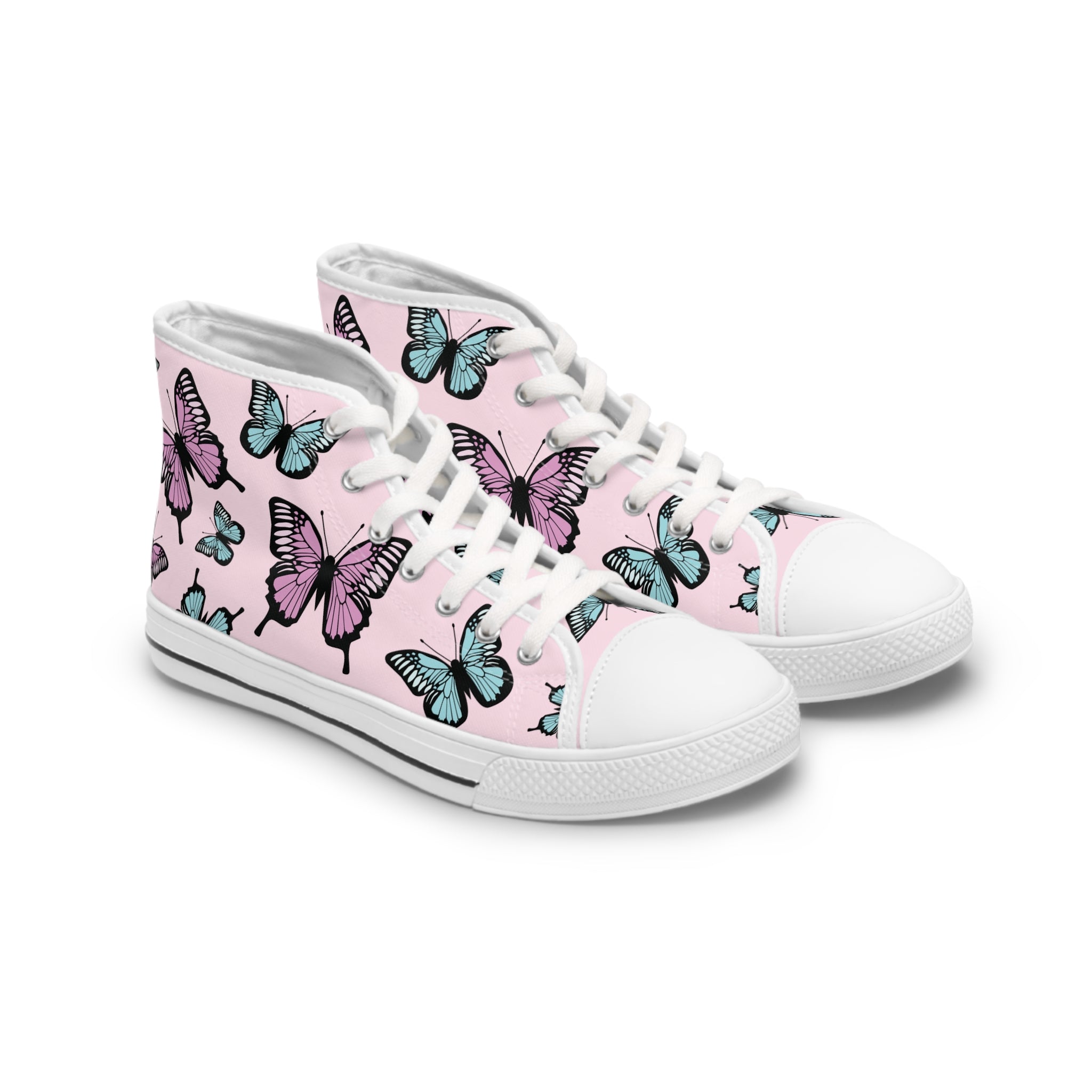 Light Pink Butterfly Pattern High Top Sneakers - Women's Fashion Shoes, Cute Pink Sneaker Boots, Butterfly Print Sneaker Shoes