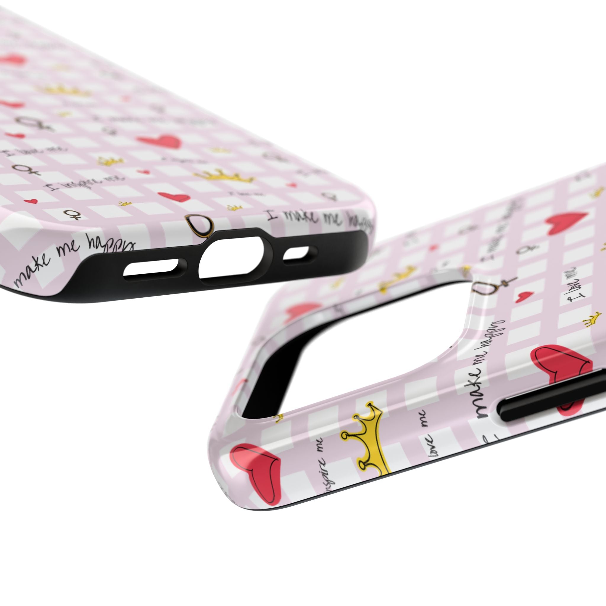 Cozy Hearts & Crowns Phone Case, Heart Design Protective Phone Cover, Crown Pattern Tough Case, Girly Phone Accessories, Valentine's Day