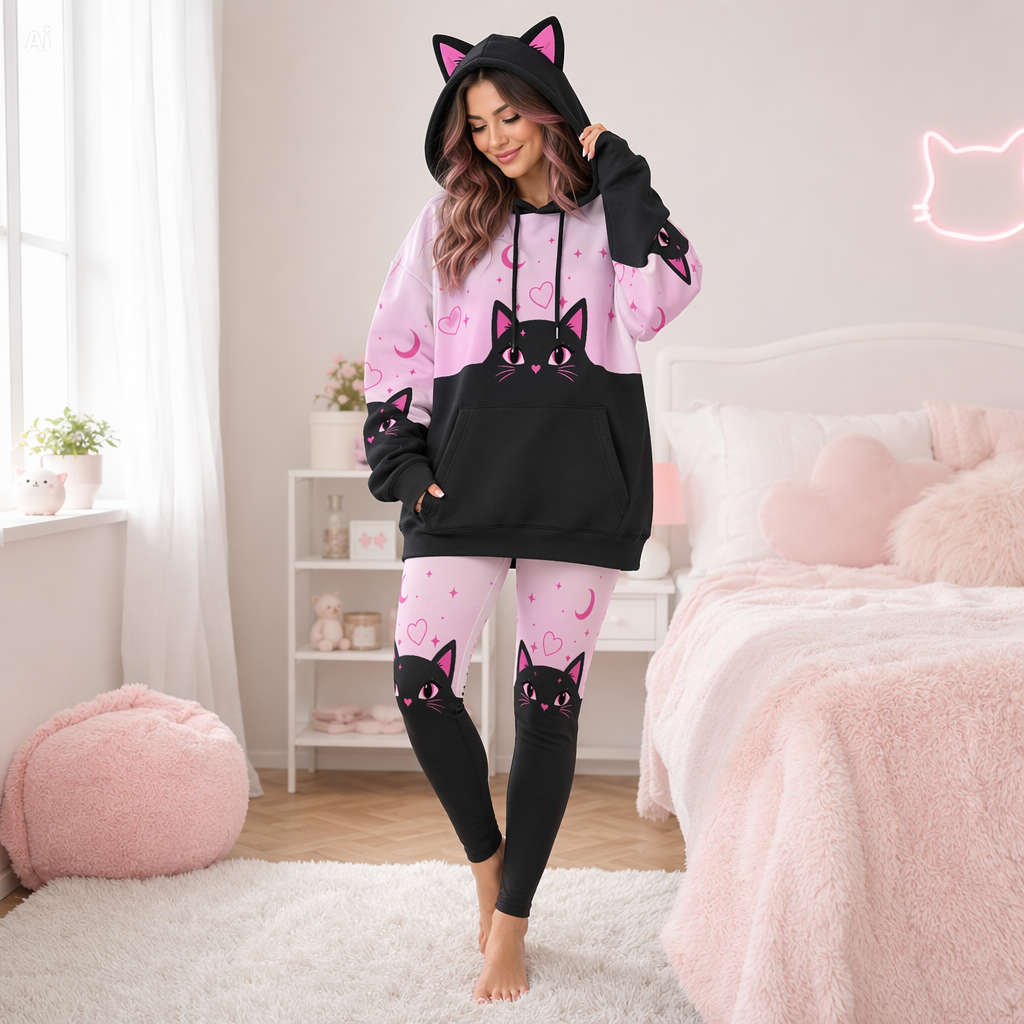 Pastel Pink Black Cat Ear Hoodie