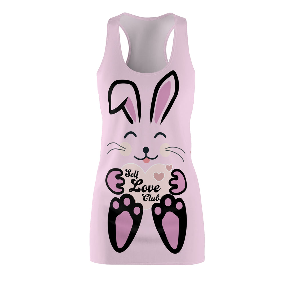 Kawaii Rabbit Face Dress, Self Love Club Racerback Dress, Cute Bunny Sleeveless Dress, Women's Spring Fashion, Pastel Pink A-Line Dress