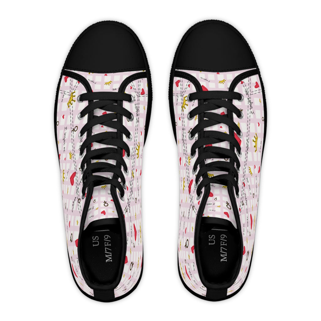 Cozy Hearts & Crowns High Top Sneakers for Women - Cute Heart Patterned Sneaker Shoes, Comfy Crown Design, Best Gift for Her, Trendy Casual