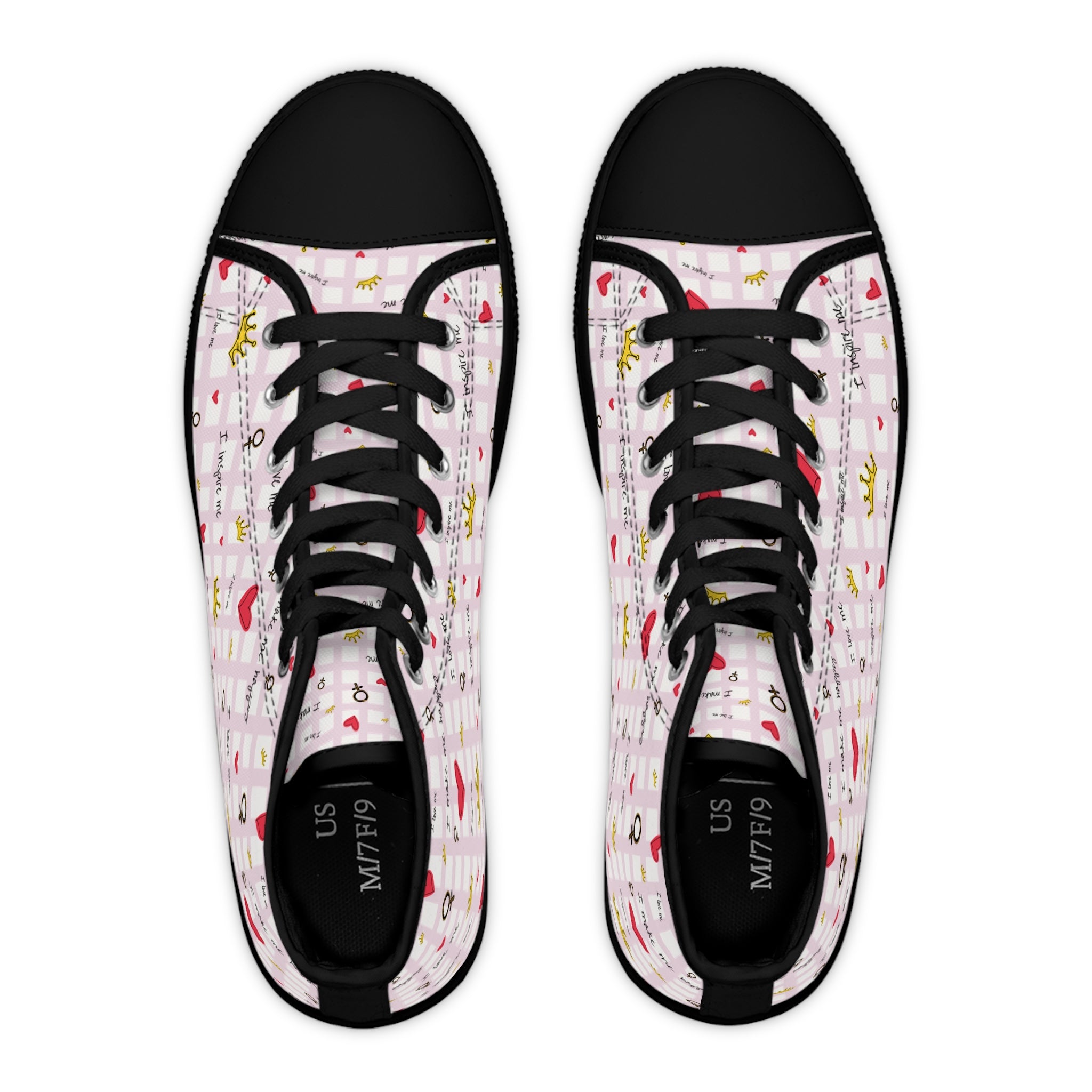 Cozy Hearts & Crowns High Top Sneakers for Women - Cute Heart Patterned Sneaker Shoes, Comfy Crown Design, Best Gift for Her, Trendy Casual