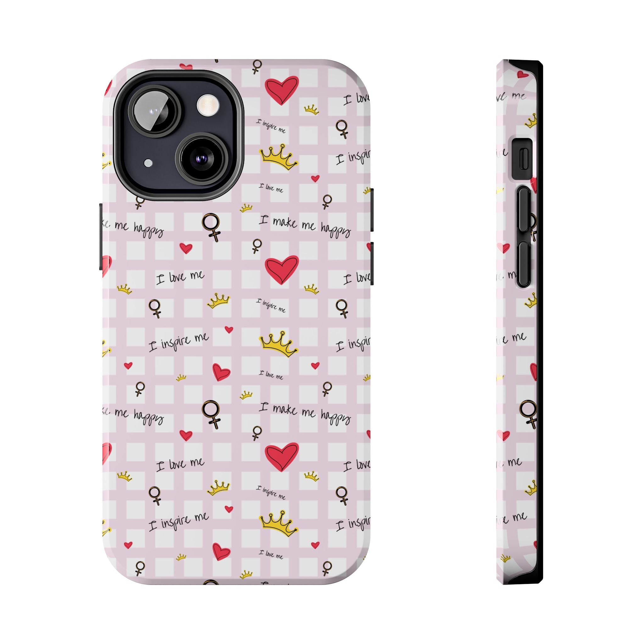 Cozy Hearts & Crowns Phone Case, Heart Design Protective Phone Cover, Crown Pattern Tough Case, Girly Phone Accessories, Valentine's Day