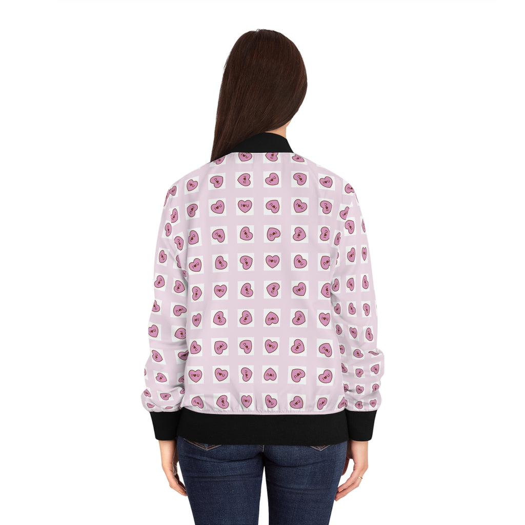 Rosa Grid Women's Bomber Jacket, I Love You Hearts, Valentine's Day Outerwear, Romantic Clothing, Pink Grid Jacket, Gift for Her
