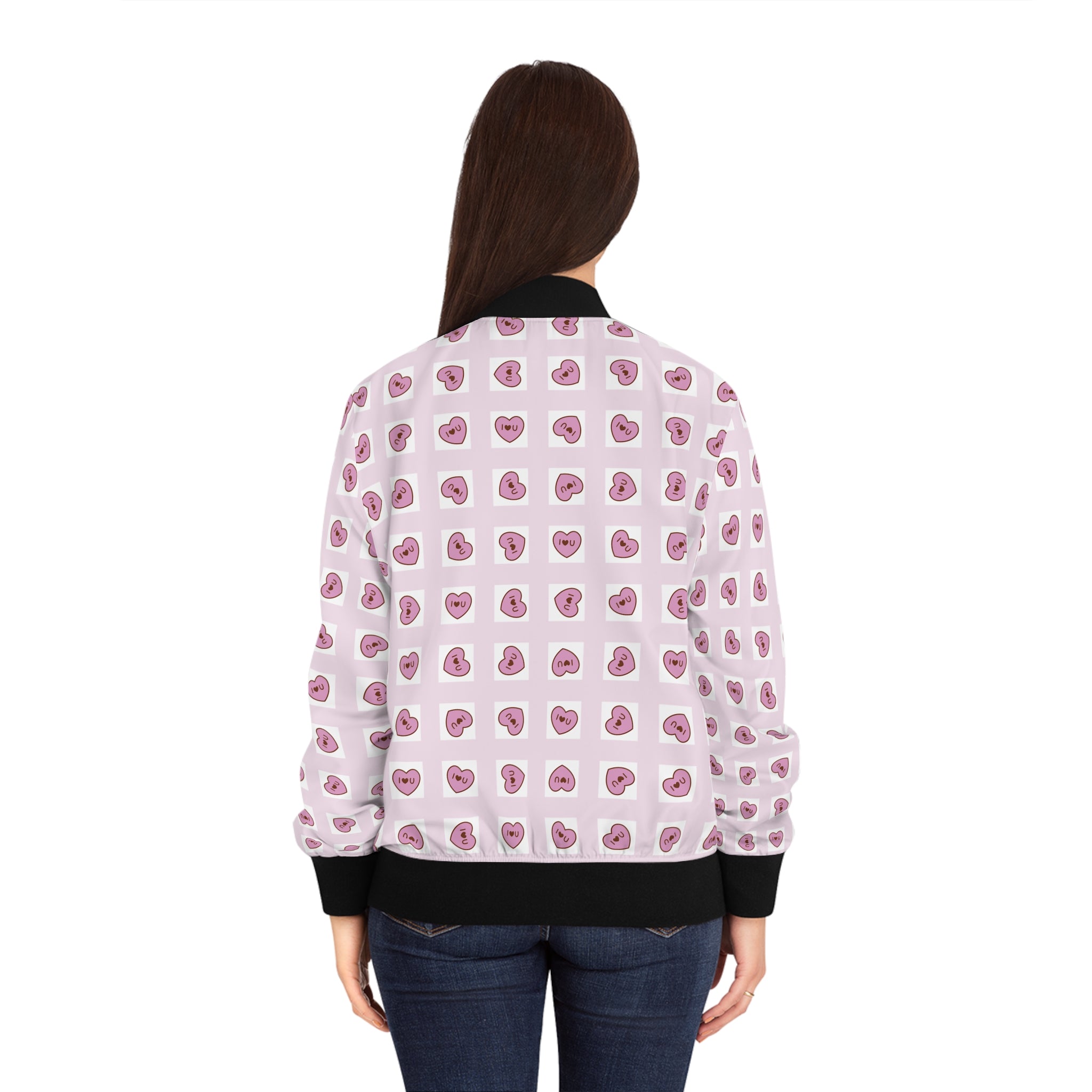 Rosa Grid Women's Bomber Jacket, I Love You Hearts, Valentine's Day Outerwear, Romantic Clothing, Pink Grid Jacket, Gift for Her