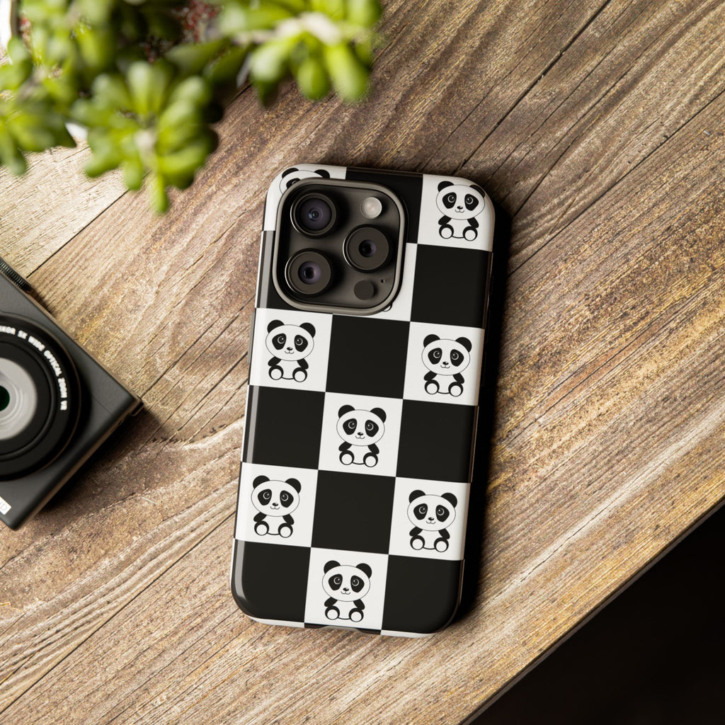 Panda Chessboard Tough Cases, Cute Panda Phone Covers, Chess Pattern iPhone Case, Board Games Phone Accessories, Animal Lover Tech