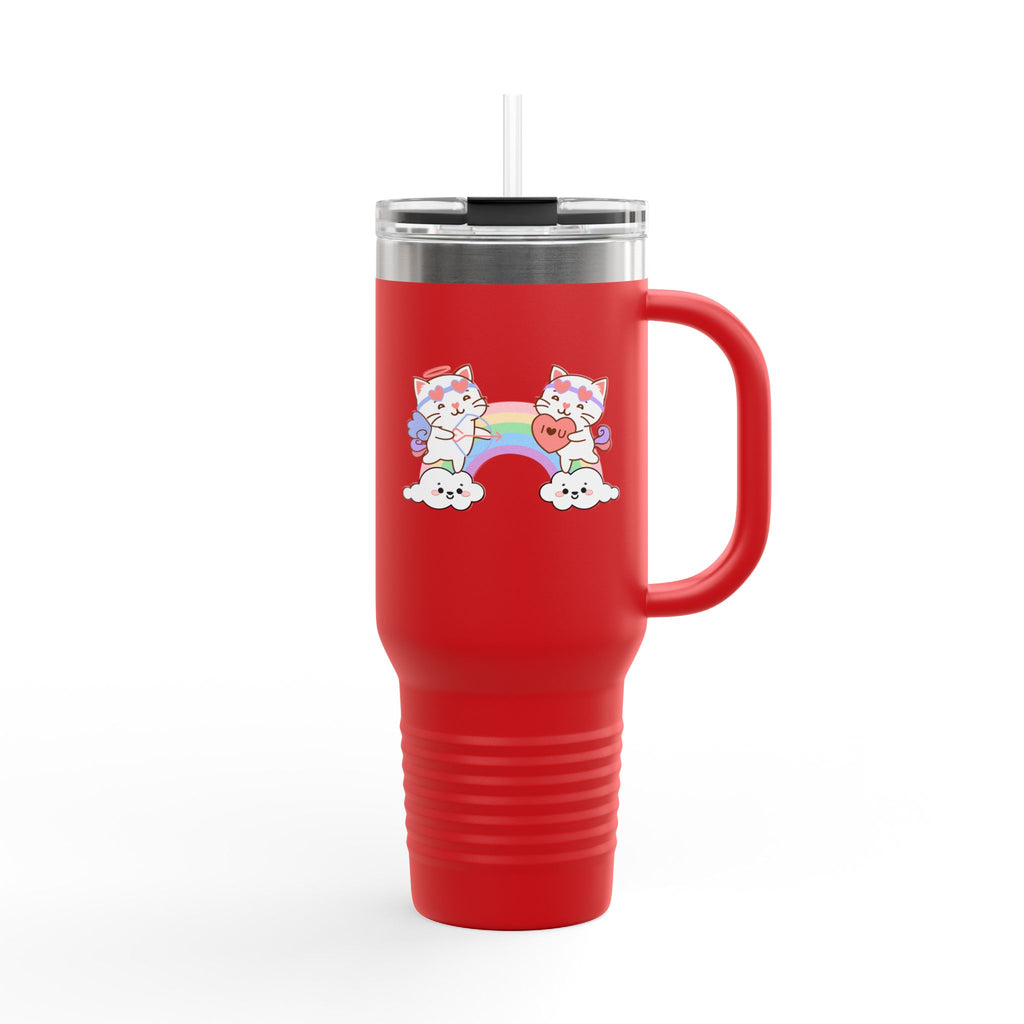 Cupido Cat Rainbow Heart Love Insulated Travel Mug, 40oz - Cute Kitty Space Cup, Valentine's Gift, Coffee Tea Tumbler, Cat Lover Present
