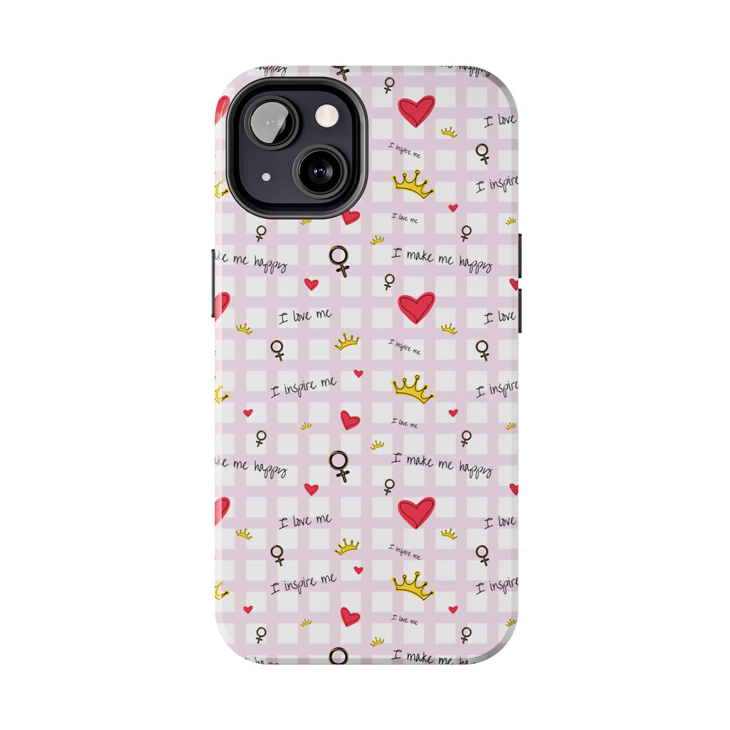 Cozy Hearts & Crowns Phone Case, Heart Design Protective Phone Cover, Crown Pattern Tough Case, Girly Phone Accessories, Valentine's Day