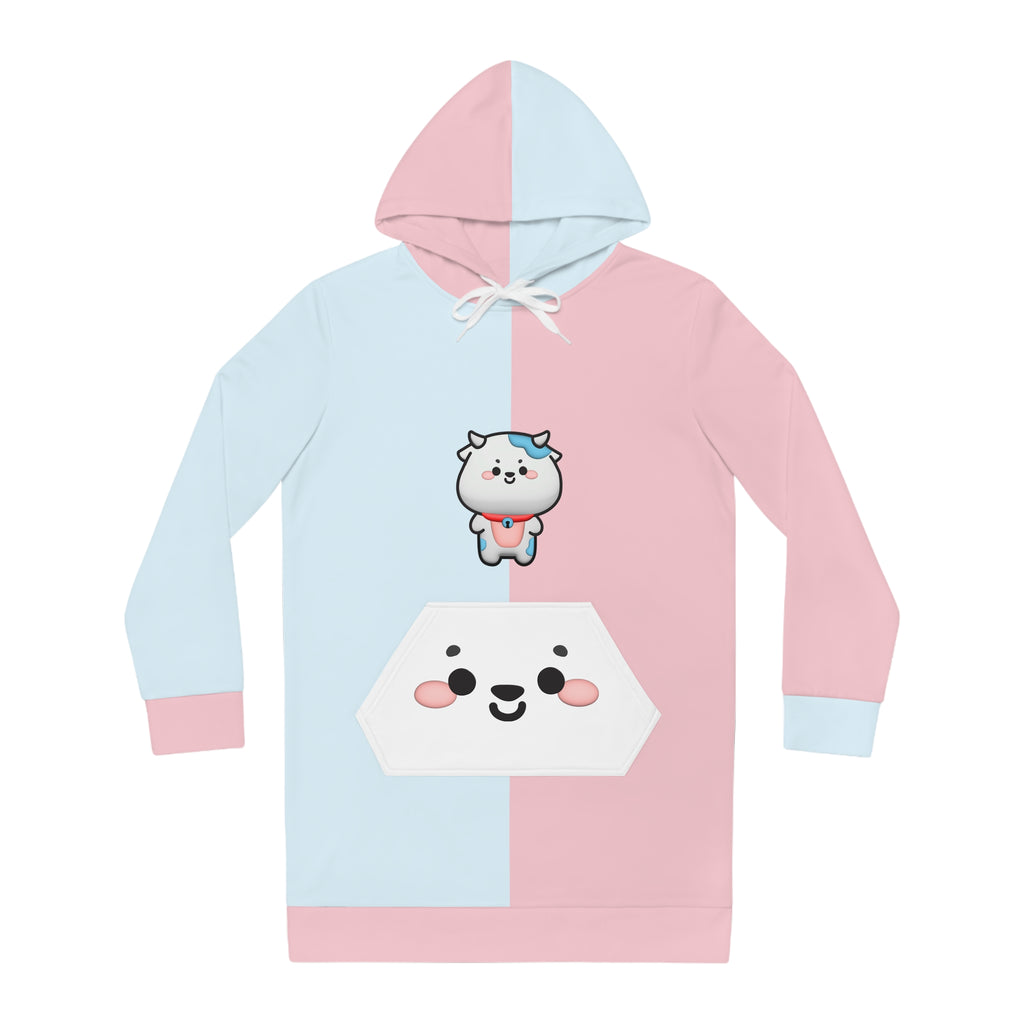 Kawaii Cow Pink and Blue Hoodie Dress, Sweatshirt, Women's Dress, Cute Cow Dress, Animal Print Hoodie Dress
