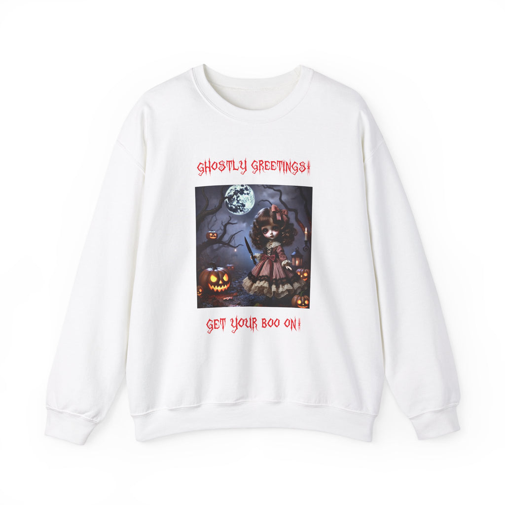 Halloween Doll With a Mix of Scary and Sweet Unisex Heavy Blend™ Crewneck Sweatshirt