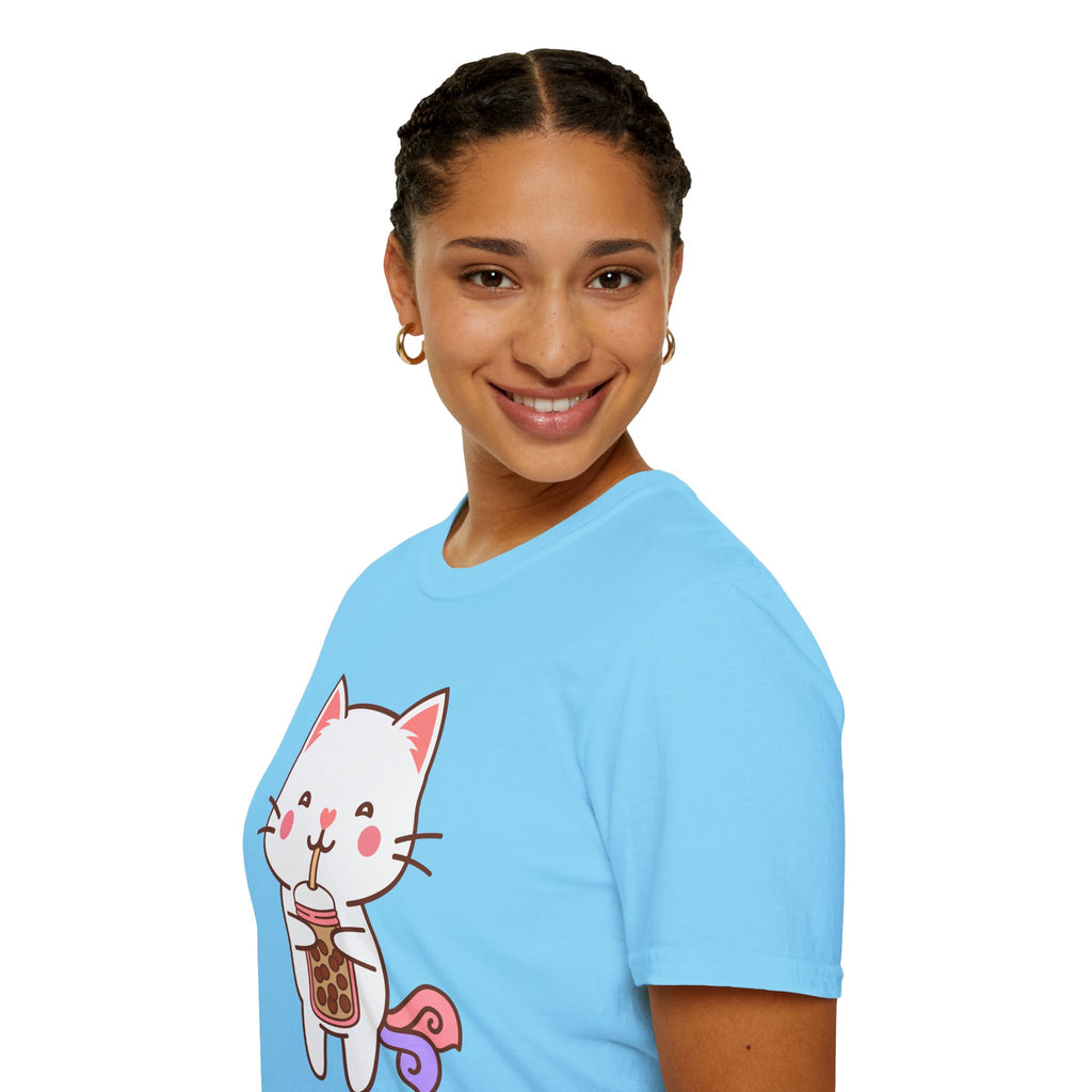 Cat Boba Tea Bubble Tea Anime Kawaii Neko Softstyle T-Shirt, Cute Japanese Kitty Drink Tee, Fun Cartoon Cat Lover Shirt, Trendy