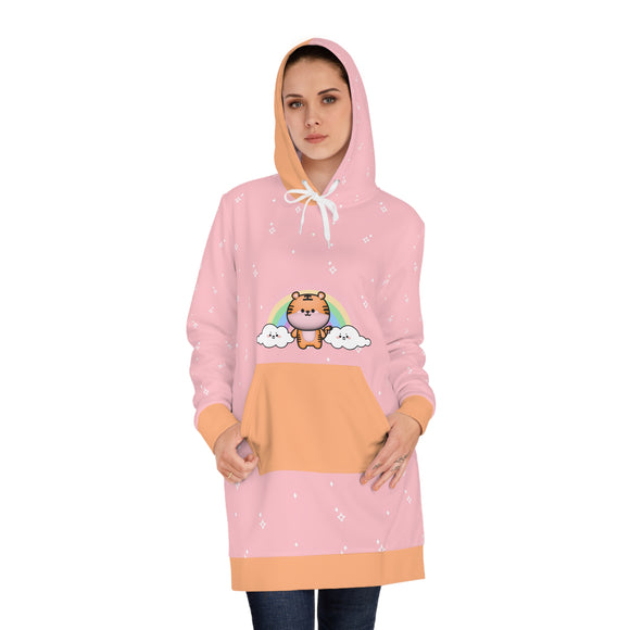 Kawaii Tiger Women's Hoodie Dress, Tiger Print Hooded Sweatshirt Dress, Cute Animal Graphic Pullover Dress, Japanese Kawaii Fashion