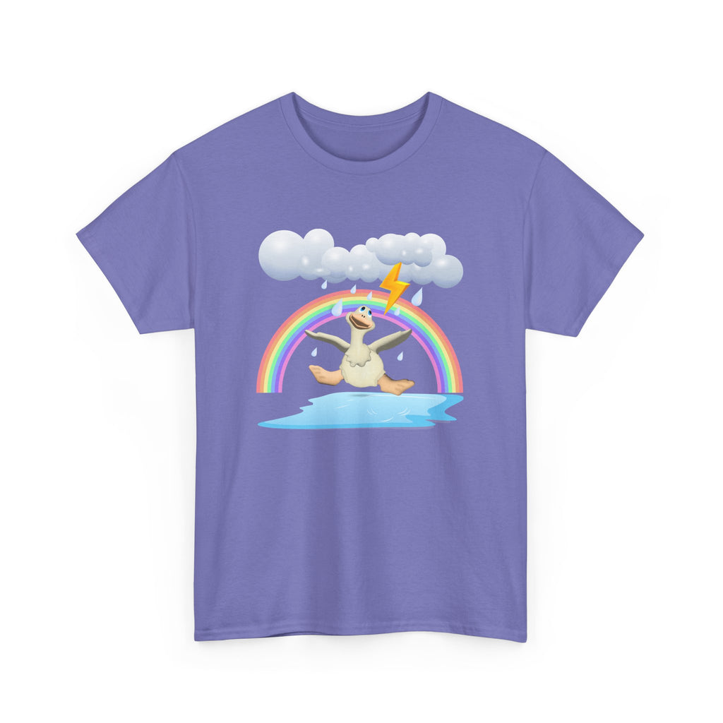 Crazy duck in rainy weather with rainbows and lightning Heavy Cotton Tee