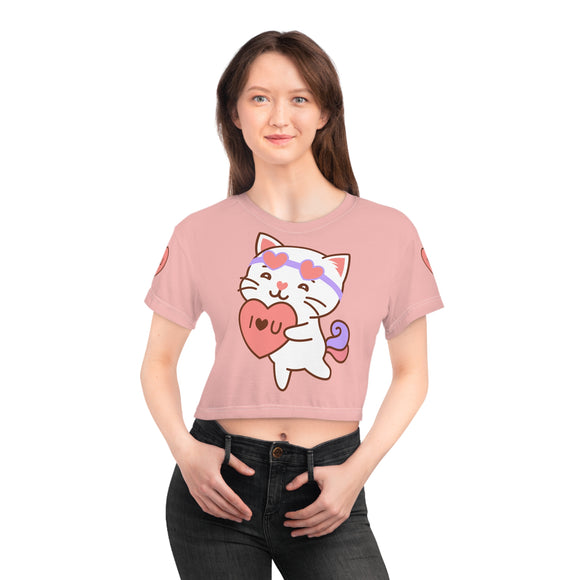 Kawaii Cat with Heart Crop Tee, Cute Kitty Graphic Tee, Pet Lover Gift Top, Short Sleeve Shirt, Animal Print Clothing, Women's Casual Wear