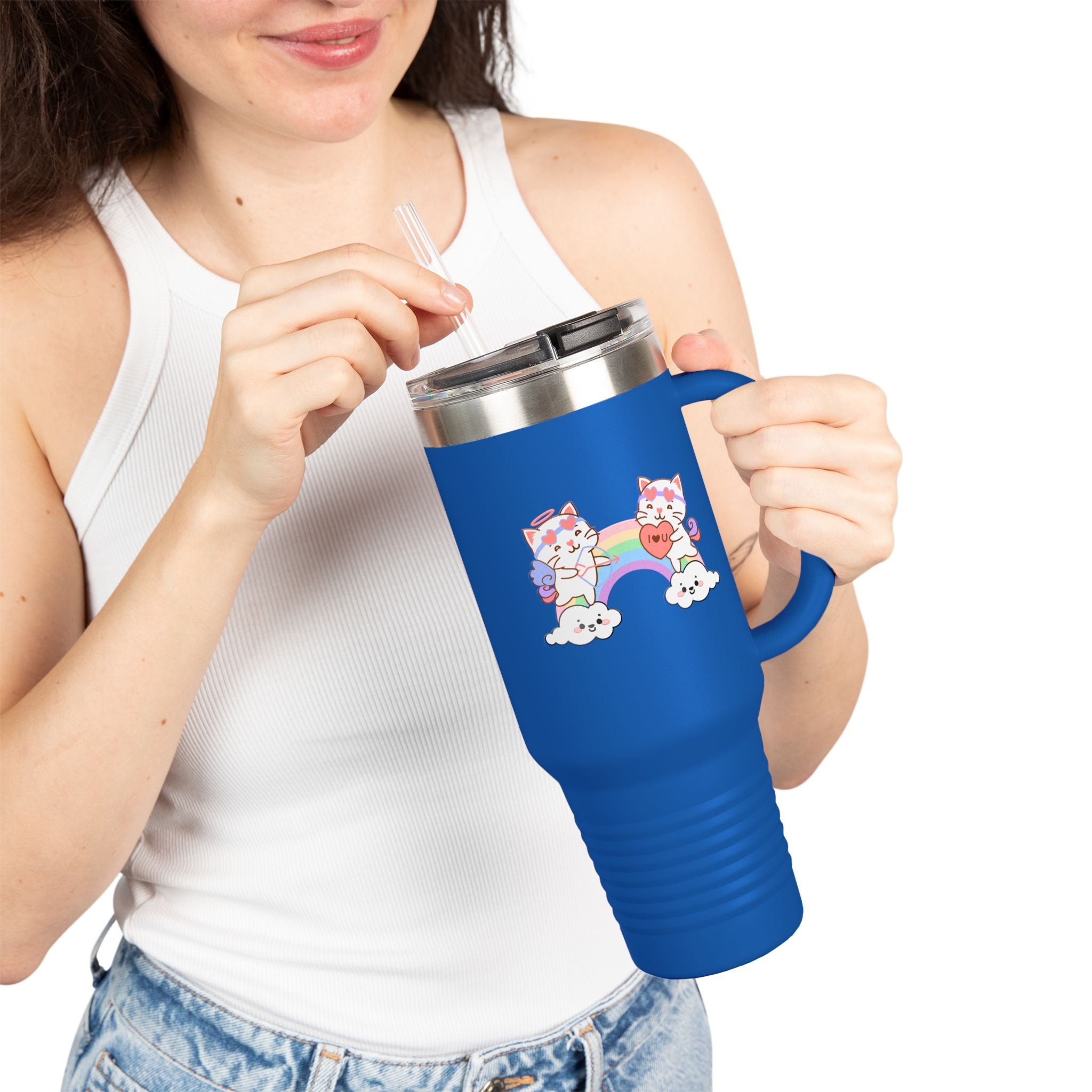 Cupido Cat Rainbow Heart Love Insulated Travel Mug, 40oz - Cute Kitty Space Cup, Valentine's Gift, Coffee Tea Tumbler, Cat Lover Present
