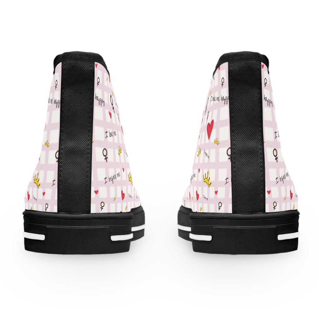Cozy Hearts & Crowns High Top Sneakers for Women - Cute Heart Patterned Sneaker Shoes, Comfy Crown Design, Best Gift for Her, Trendy Casual