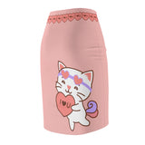 Kawaii Cat Pencil Skirt, Cute Kitty Skirt, Heart Print Women's Skirt, Cat Lover Gift, Animal Print Apparel, Valentine's Day Fashion,