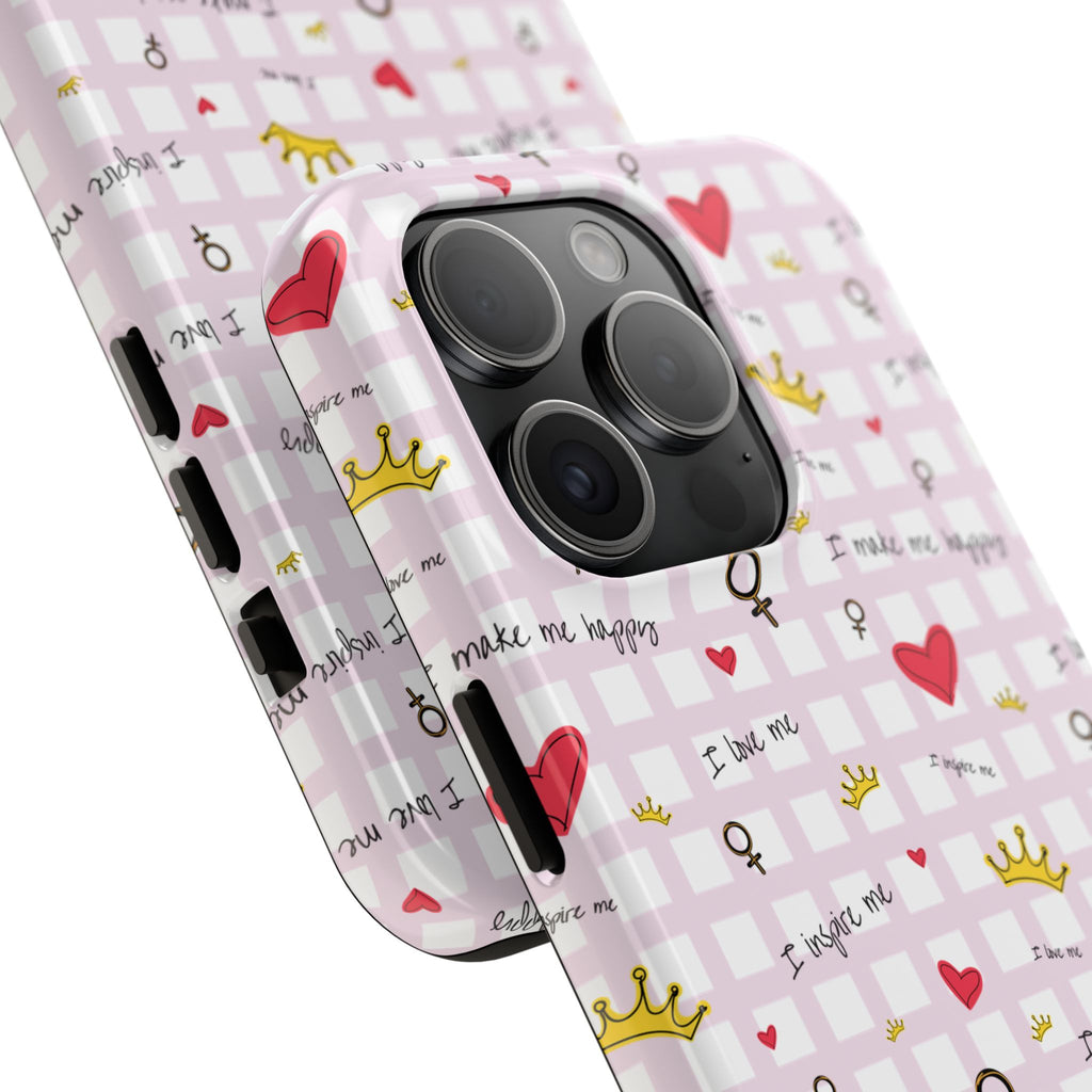 Cozy Hearts & Crowns Phone Case, Heart Design Protective Phone Cover, Crown Pattern Tough Case, Girly Phone Accessories, Valentine's Day