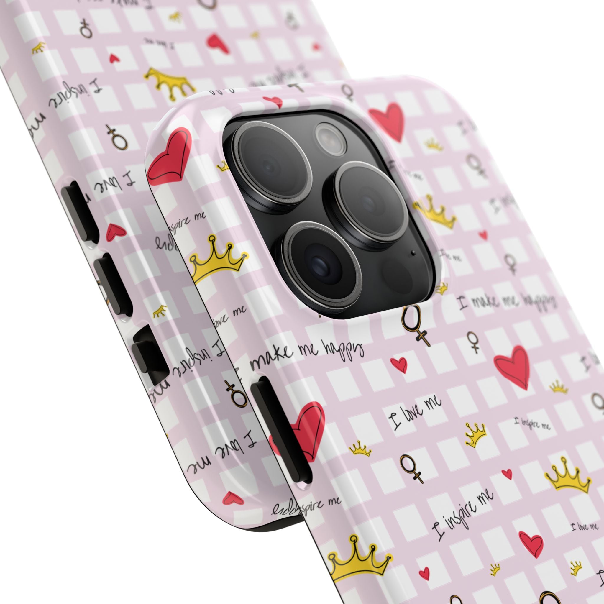 Cozy Hearts & Crowns Phone Case, Heart Design Protective Phone Cover, Crown Pattern Tough Case, Girly Phone Accessories, Valentine's Day