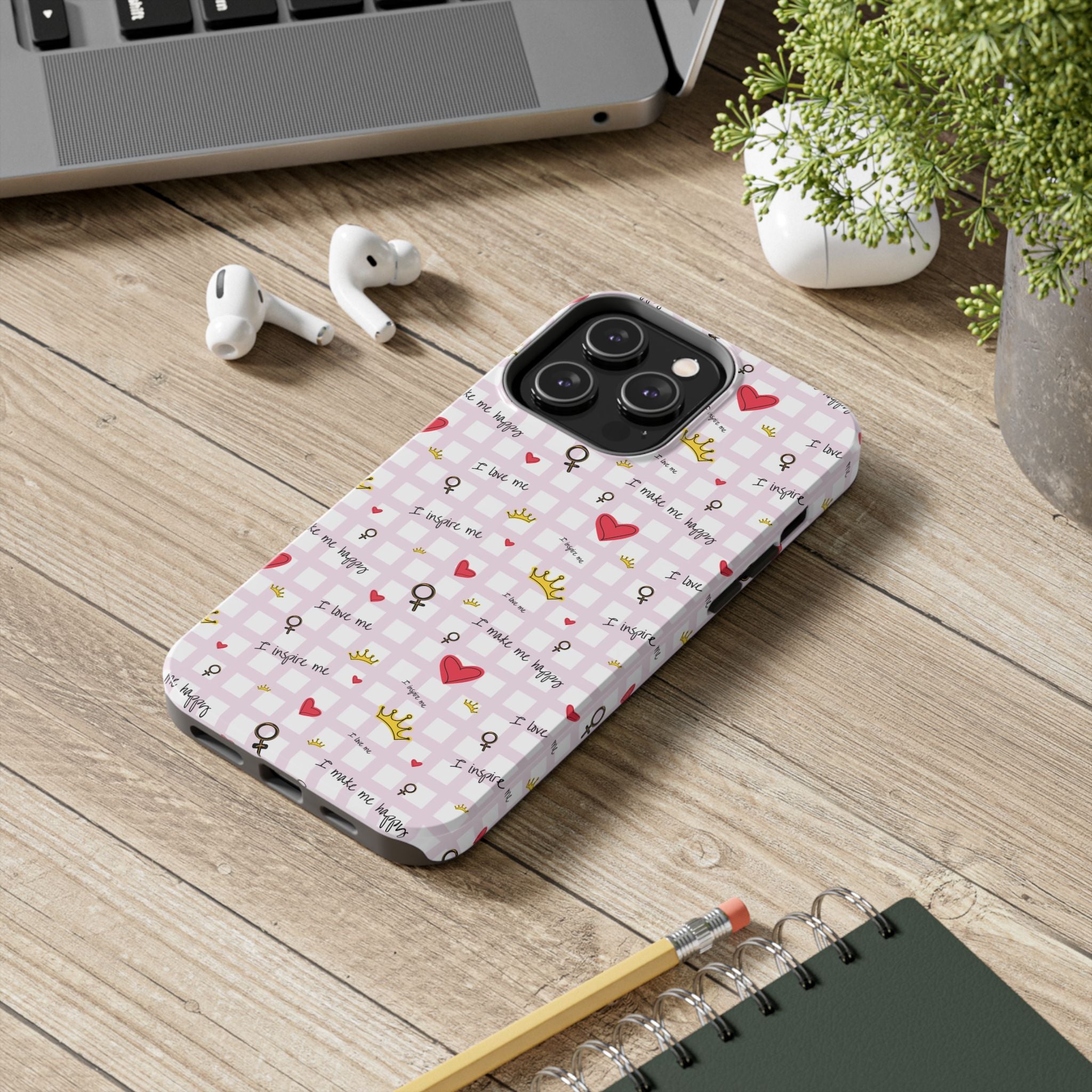 Cozy Hearts & Crowns Phone Case, Heart Design Protective Phone Cover, Crown Pattern Tough Case, Girly Phone Accessories, Valentine's Day