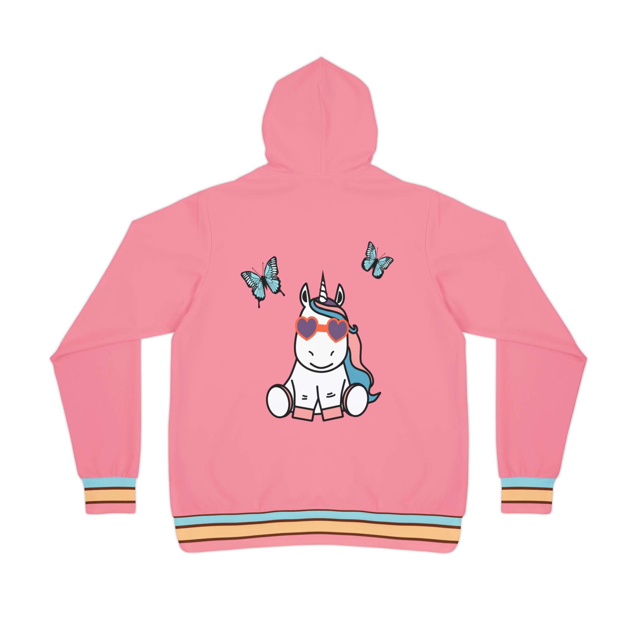 Kawaii Unicorn with Butterflies Pink Athletic Hoodie - Cute Unicorn Sweatshirt, Magical Creatures Pullover, Fantasy Jacket, Fun Workout