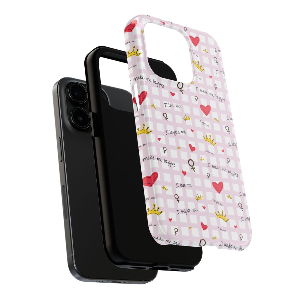 Cozy Hearts & Crowns Phone Case, Heart Design Protective Phone Cover, Crown Pattern Tough Case, Girly Phone Accessories, Valentine's Day