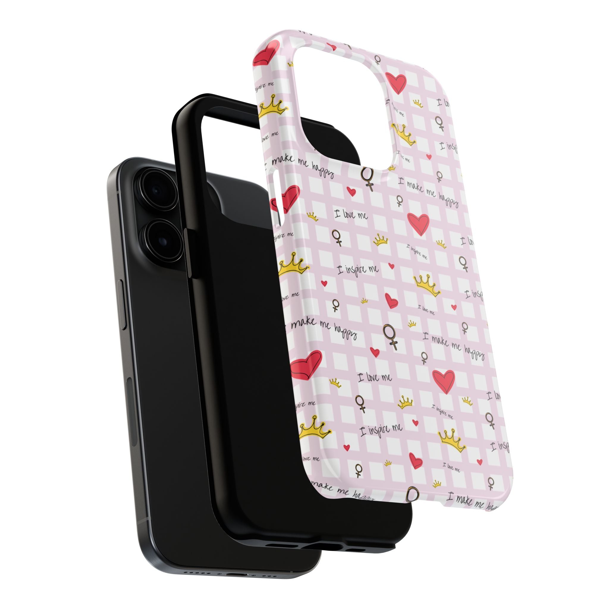 Cozy Hearts & Crowns Phone Case, Heart Design Protective Phone Cover, Crown Pattern Tough Case, Girly Phone Accessories, Valentine's Day
