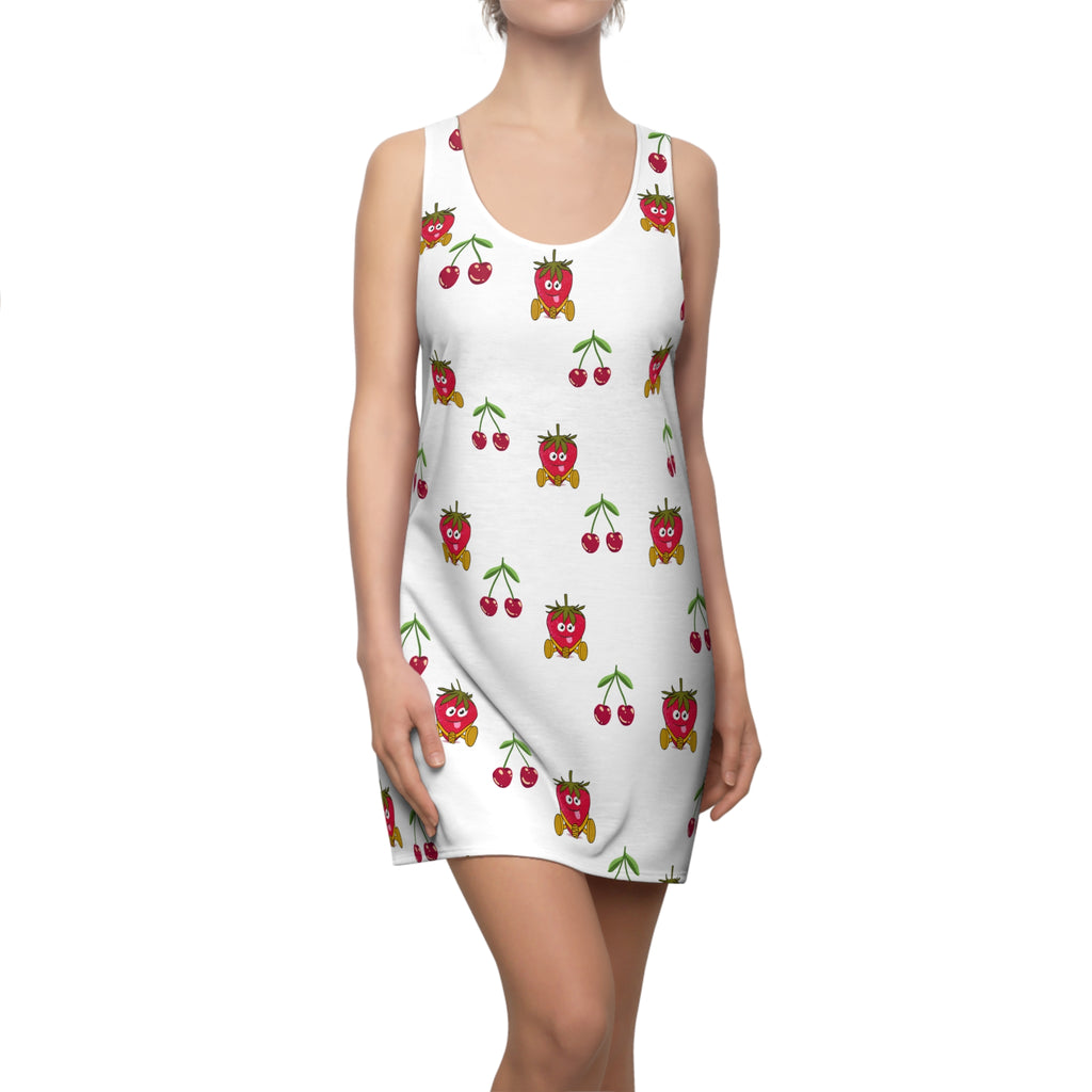 Fruit Print Dress, Summer Racerback Dress, Strawberry Cherry Sleeveless Dress, Women's Garden Party Outfit, Floral Summer Dress