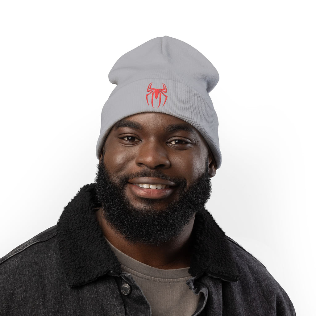 Embroidered Black Spider Knit Beanie — Halloween Spider Hat