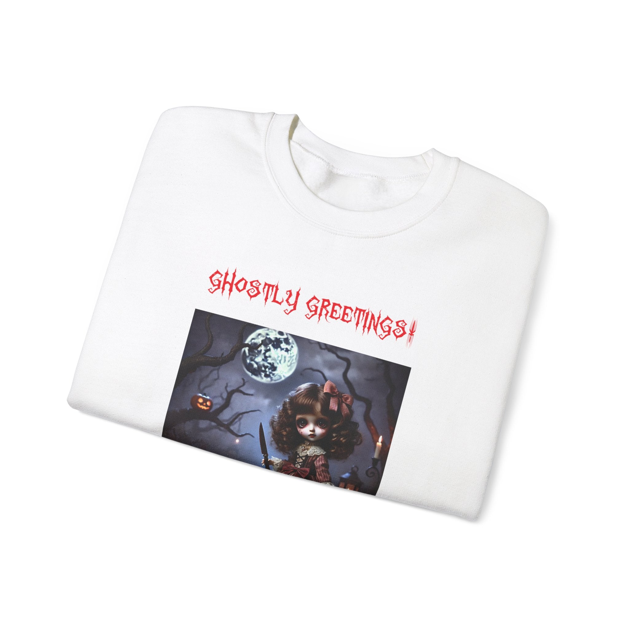 Halloween Doll With a Mix of Scary and Sweet Unisex Heavy Blend™ Crewneck Sweatshirt