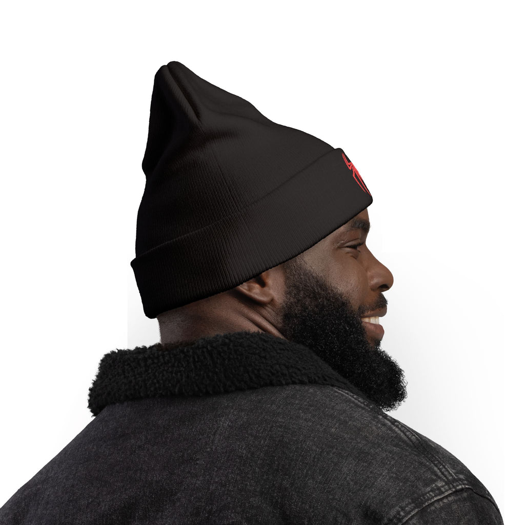 Embroidered Black Spider Knit Beanie — Halloween Spider Hat