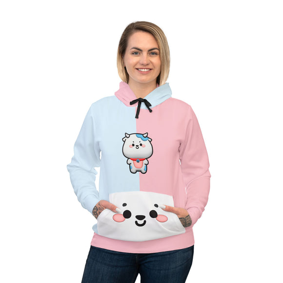 Kawaii Cow Pink and Blue Athletic Hoodie - Cute Anime Animal Pullover, Colorful Cow Sweatshirt, Japanese Style Jumper, Pastel Kawaii Hoodie,