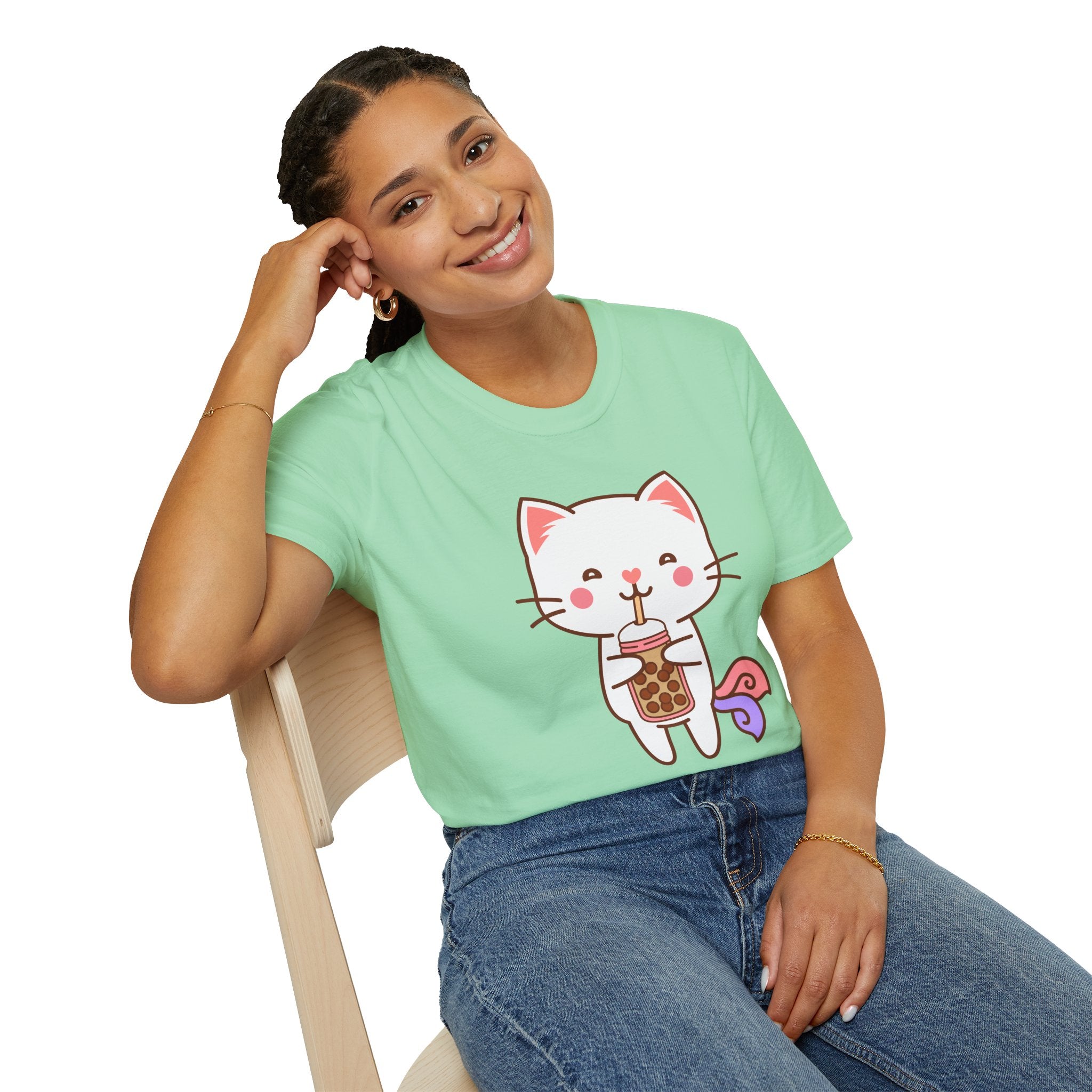 Cat Boba Tea Bubble Tea Anime Kawaii Neko Softstyle T-Shirt, Cute Japanese Kitty Drink Tee, Fun Cartoon Cat Lover Shirt, Trendy