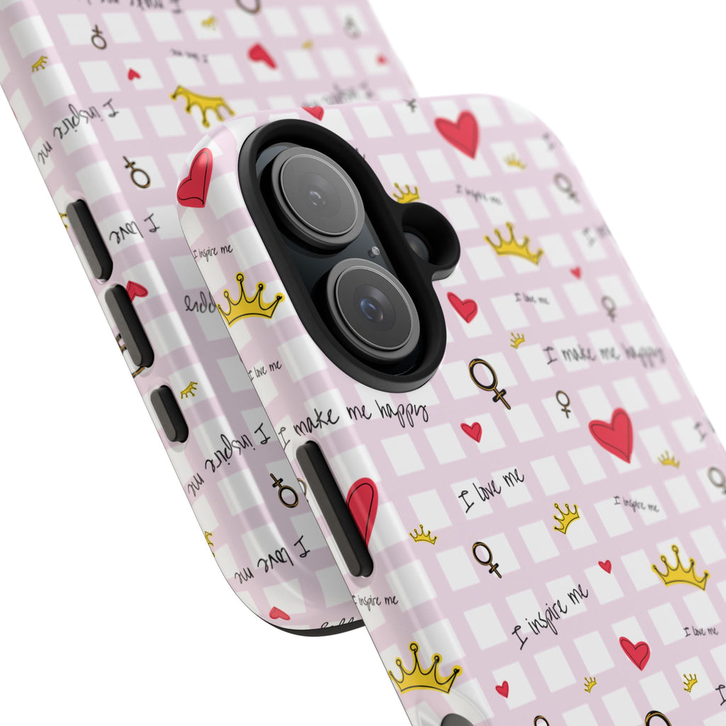 Cozy Hearts & Crowns Phone Case, Heart Design Protective Phone Cover, Crown Pattern Tough Case, Girly Phone Accessories, Valentine's Day