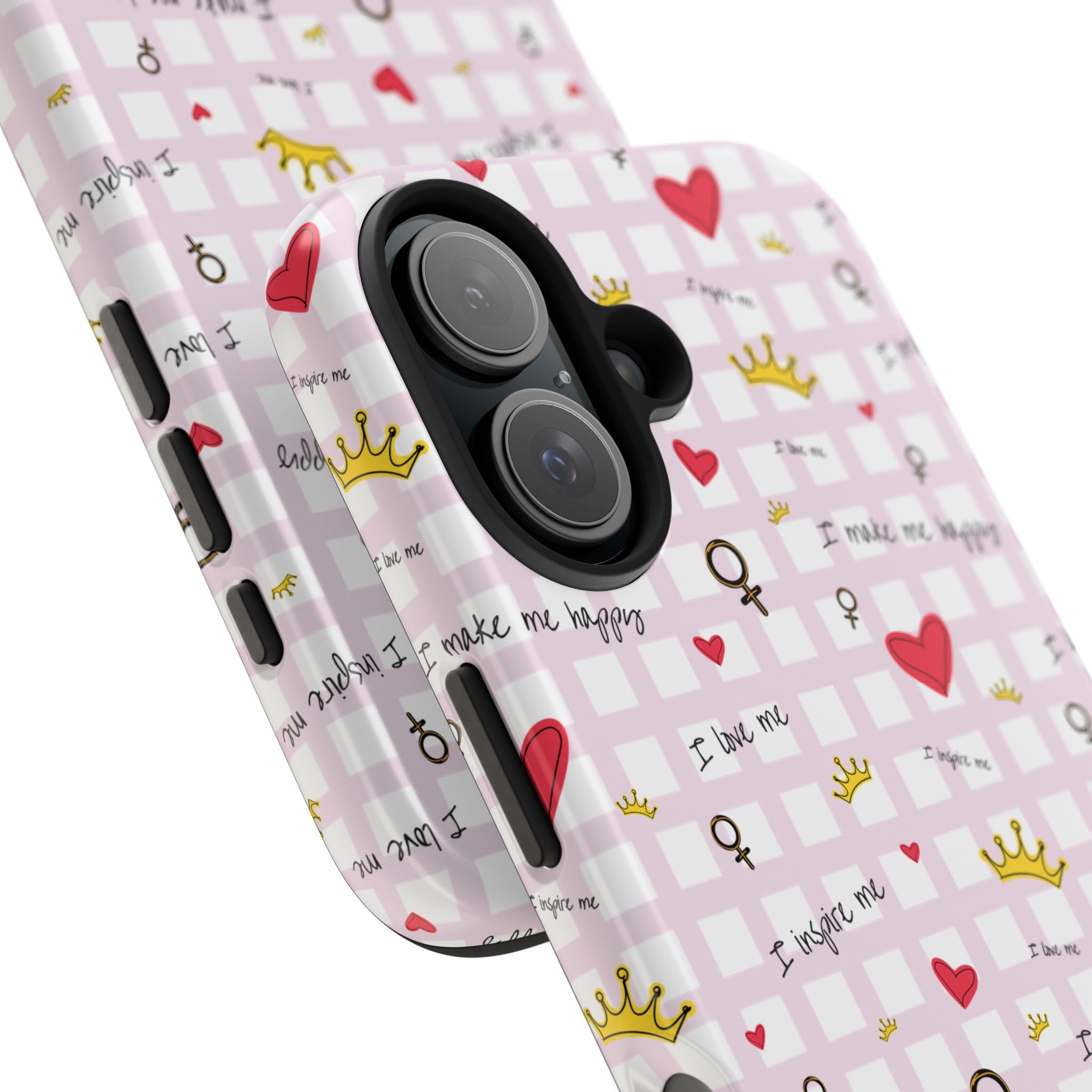 Cozy Hearts & Crowns Phone Case, Heart Design Protective Phone Cover, Crown Pattern Tough Case, Girly Phone Accessories, Valentine's Day